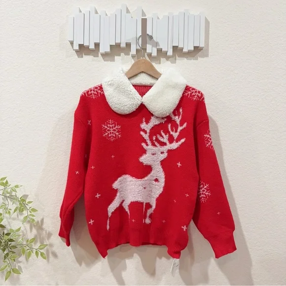 J.ING Jing Red Pullover Oversize Christmas Sweater w/ White Collar One Size NWT - Picture 6 of 10
